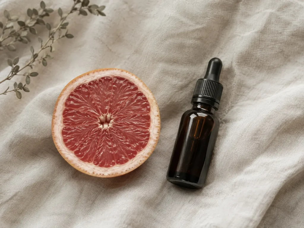 Polovica grapefruitu vedľa fľaštičky s kvapkadlom na svetlom plátne
