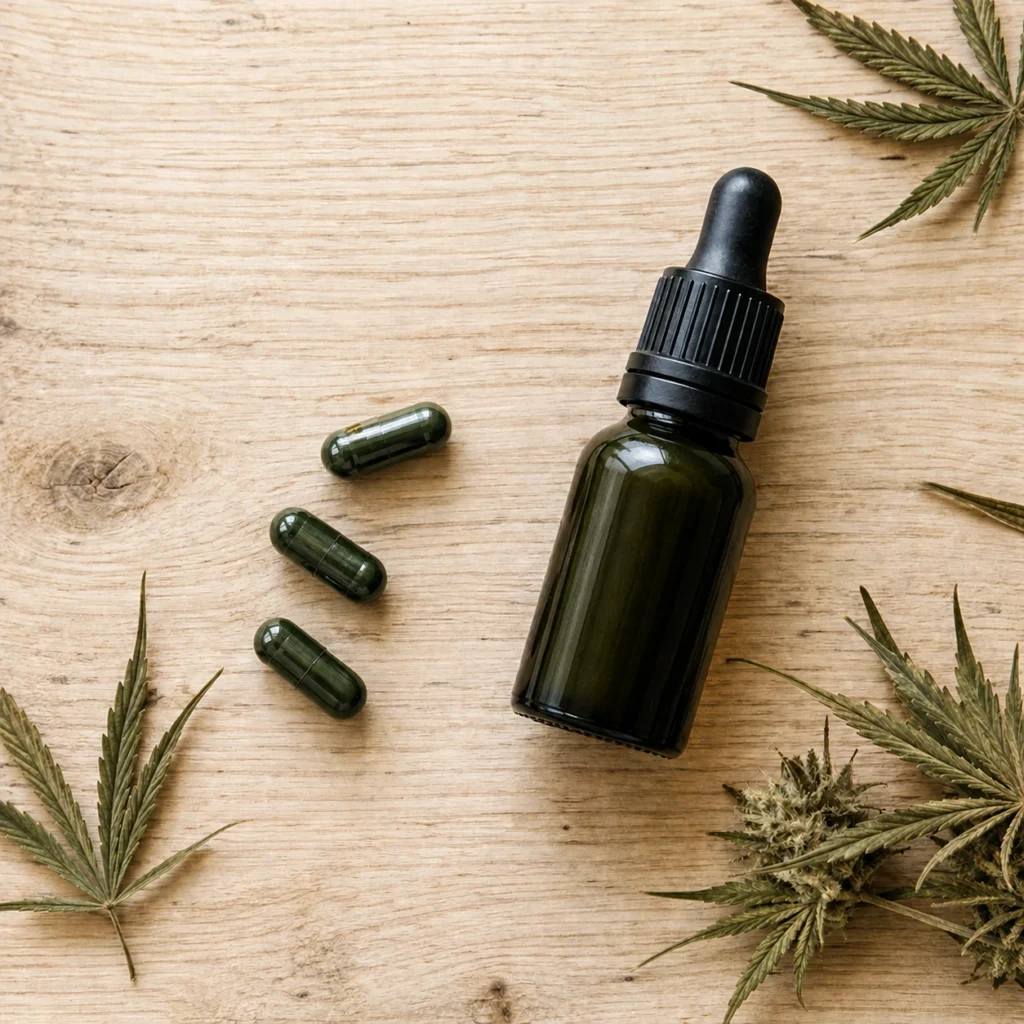 Porovnanie CBD kapsulí a CBD oleja – kvapky vs. kapsule na drevenom povrchu