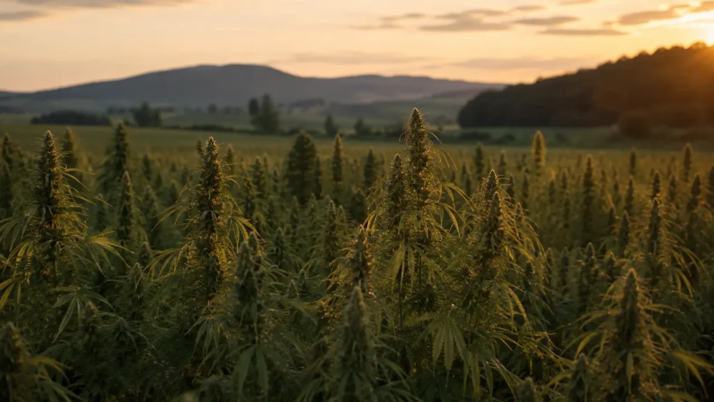 Konopné pole na farme Asterion na Záhorí pri západe slnka