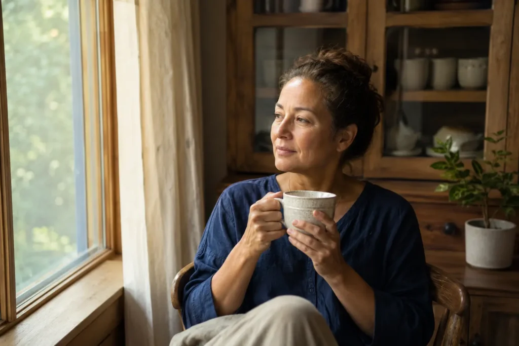Žena sedí pri okne s šálkou čaju v pokojnom rannom svetle